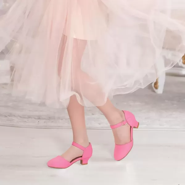 imagePANDANINJIA Girls Heels Dress Shoes Flower Girl Ankle Strap Closed Toe Toddler Heels Wedding Party Little Big Kids Pump ShoesFuchsia Pu