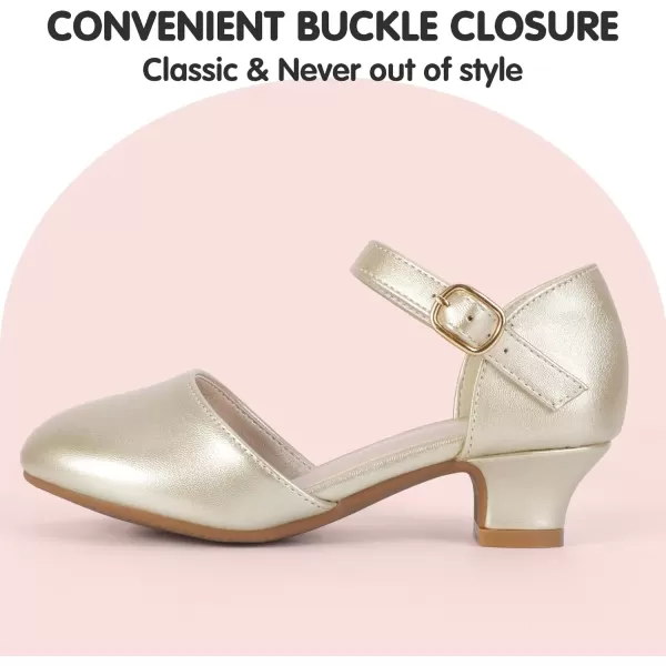 imagePANDANINJIA Girls Heels Dress Shoes Flower Girl Ankle Strap Closed Toe Toddler Heels Wedding Party Little Big Kids Pump ShoesGold Pu