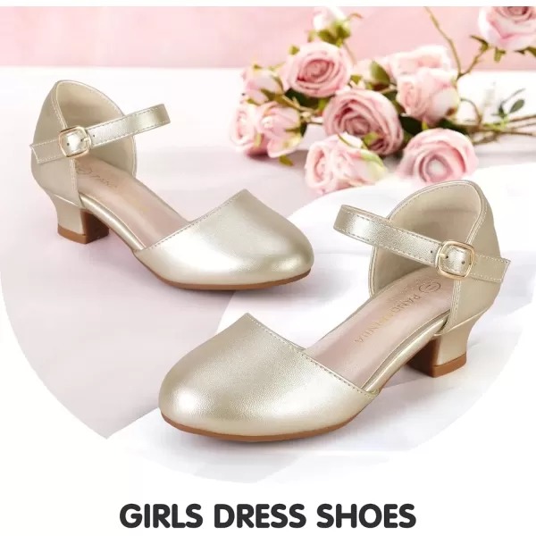 imagePANDANINJIA Girls Heels Dress Shoes Flower Girl Ankle Strap Closed Toe Toddler Heels Wedding Party Little Big Kids Pump ShoesGold Pu