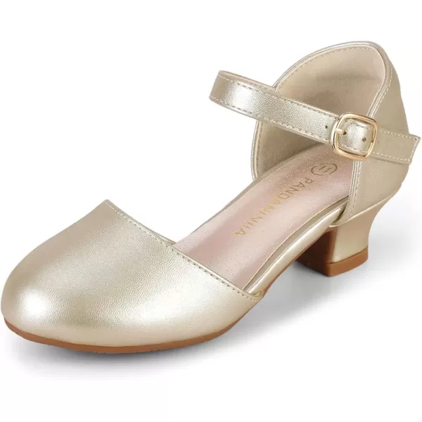 imagePANDANINJIA Girls Heels Dress Shoes Flower Girl Ankle Strap Closed Toe Toddler Heels Wedding Party Little Big Kids Pump ShoesGold Pu