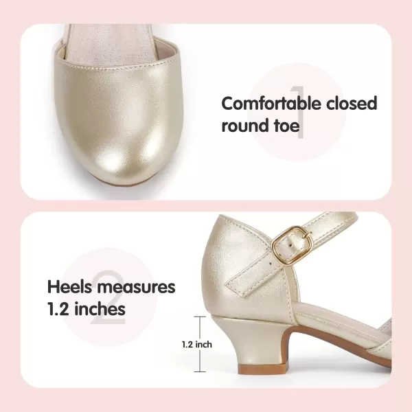 imagePANDANINJIA Girls Heels Dress Shoes Flower Girl Ankle Strap Closed Toe Toddler Heels Wedding Party Little Big Kids Pump ShoesGold Pu