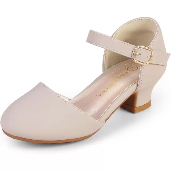 imagePANDANINJIA Girls Heels Dress Shoes Flower Girl Ankle Strap Closed Toe Toddler Heels Wedding Party Little Big Kids Pump ShoesNude Nubuck