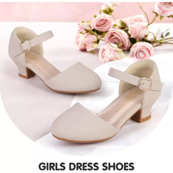 imagePANDANINJIA Girls Heels Dress Shoes Flower Girl Ankle Strap Closed Toe Toddler Heels Wedding Party Little Big Kids Pump ShoesNude Nubuck