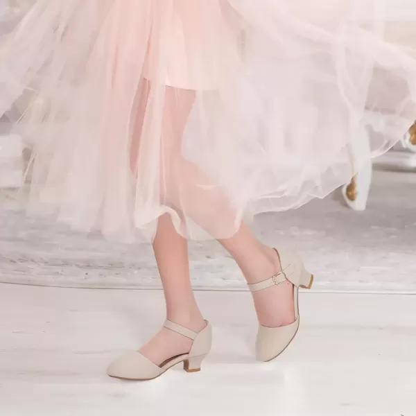 imagePANDANINJIA Girls Heels Dress Shoes Flower Girl Ankle Strap Closed Toe Toddler Heels Wedding Party Little Big Kids Pump ShoesNude Nubuck