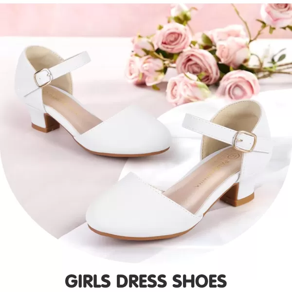 imagePANDANINJIA Girls Heels Dress Shoes Flower Girl Ankle Strap Closed Toe Toddler Heels Wedding Party Little Big Kids Pump ShoesWhite Pu