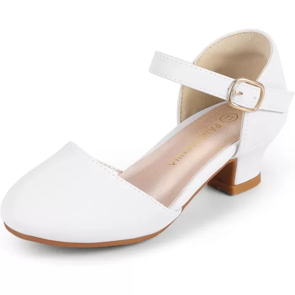 imagePANDANINJIA Girls Heels Dress Shoes Flower Girl Ankle Strap Closed Toe Toddler Heels Wedding Party Little Big Kids Pump ShoesWhite Pu