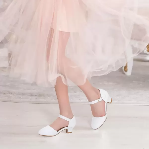 imagePANDANINJIA Girls Heels Dress Shoes Flower Girl Ankle Strap Closed Toe Toddler Heels Wedding Party Little Big Kids Pump ShoesWhite Pu