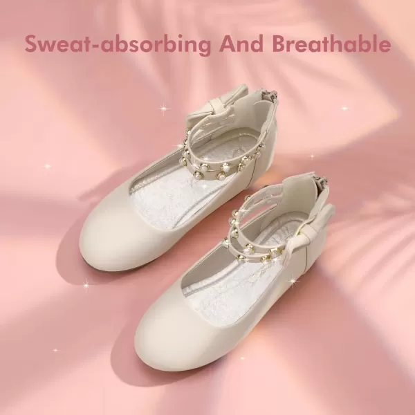 imagePANDANINJIA Jessica Toddler Girls Dress Shoes Ankle Strap Ballet Flats Flower Girl Shoes for Wedding Party SchoolBeige Pu
