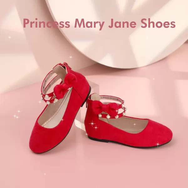 imagePANDANINJIA Jessica Toddler Girls Dress Shoes Ankle Strap Ballet Flats Flower Girl Shoes for Wedding Party SchoolRed Suede