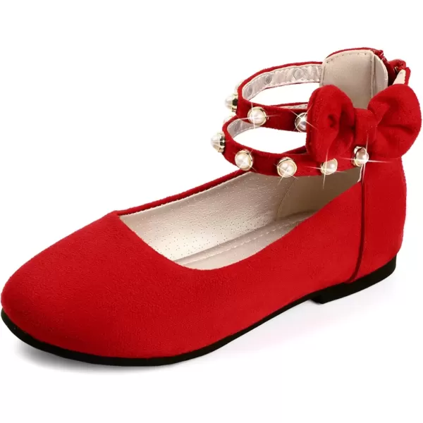 imagePANDANINJIA Jessica Toddler Girls Dress Shoes Ankle Strap Ballet Flats Flower Girl Shoes for Wedding Party SchoolRed Suede