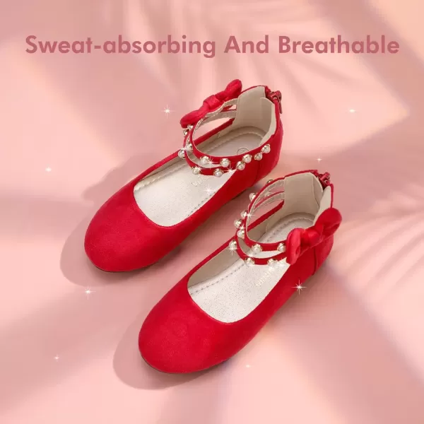 imagePANDANINJIA Jessica Toddler Girls Dress Shoes Ankle Strap Ballet Flats Flower Girl Shoes for Wedding Party SchoolRed Suede