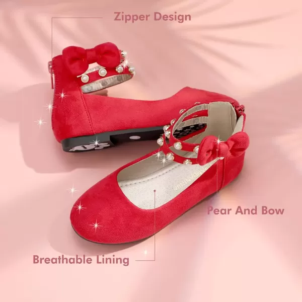 imagePANDANINJIA Jessica Toddler Girls Dress Shoes Ankle Strap Ballet Flats Flower Girl Shoes for Wedding Party SchoolRed Suede