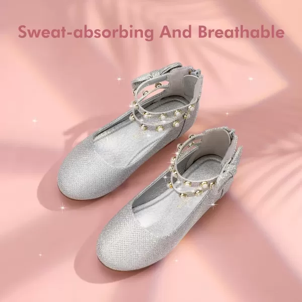 imagePANDANINJIA Jessica Toddler Girls Dress Shoes Ankle Strap Ballet Flats Flower Girl Shoes for Wedding Party SchoolSilver Glitter