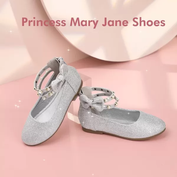 imagePANDANINJIA Jessica Toddler Girls Dress Shoes Ankle Strap Ballet Flats Flower Girl Shoes for Wedding Party SchoolSilver Glitter