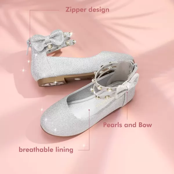 imagePANDANINJIA Jessica Toddler Girls Dress Shoes Ankle Strap Ballet Flats Flower Girl Shoes for Wedding Party SchoolSilver Glitter