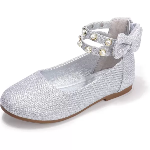 imagePANDANINJIA Jessica Toddler Girls Dress Shoes Ankle Strap Ballet Flats Flower Girl Shoes for Wedding Party SchoolSilver Glitter