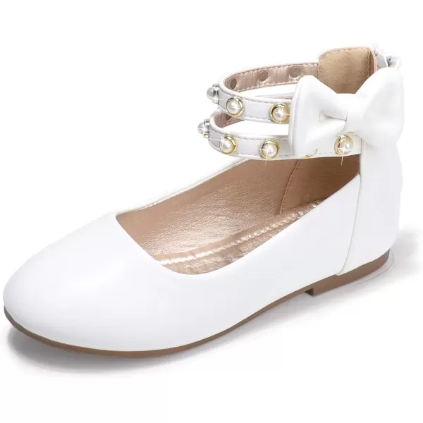 imagePANDANINJIA Jessica Toddler Girls Dress Shoes Ankle Strap Ballet Flats Flower Girl Shoes for Wedding Party SchoolWhite Pu