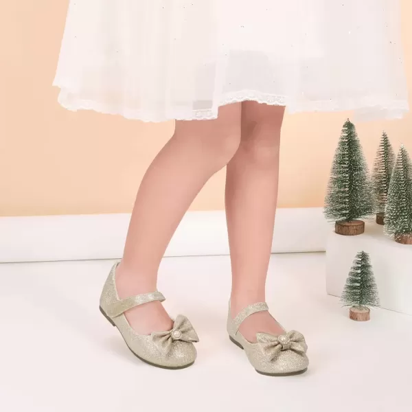 imagePANDANINJIA Rika Girls Dress Shoes Flower Girl Mary Jane Flats Wedding Party School Shoes for Toddler Little Kid Big KidGold Glitter