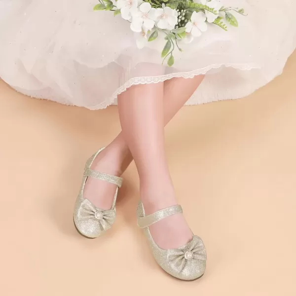 imagePANDANINJIA Rika Girls Dress Shoes Flower Girl Mary Jane Flats Wedding Party School Shoes for Toddler Little Kid Big KidGold Glitter