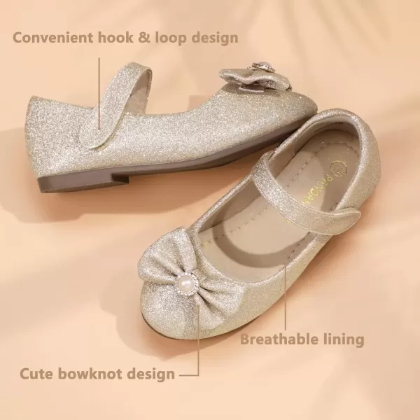 imagePANDANINJIA Rika Girls Dress Shoes Flower Girl Mary Jane Flats Wedding Party School Shoes for Toddler Little Kid Big KidGold Glitter