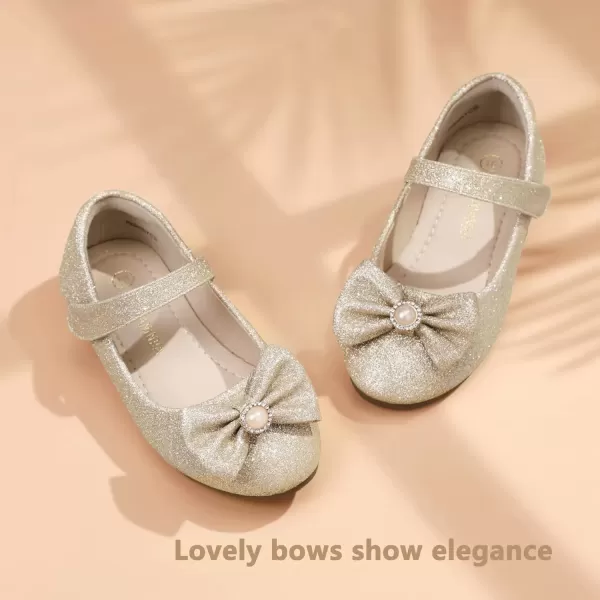 imagePANDANINJIA Rika Girls Dress Shoes Flower Girl Mary Jane Flats Wedding Party School Shoes for Toddler Little Kid Big KidGold Glitter