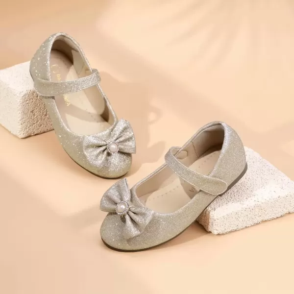 imagePANDANINJIA Rika Girls Dress Shoes Flower Girl Mary Jane Flats Wedding Party School Shoes for Toddler Little Kid Big KidGold Glitter