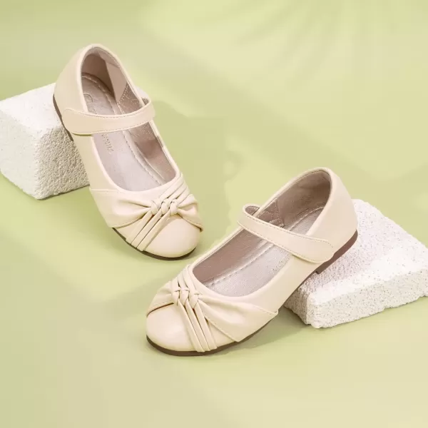 imagePANDANINJIA Rika Girls Dress Shoes Flower Girl Mary Jane Flats Wedding Party School Shoes for Toddler Little Kid Big KidR Beige Pu