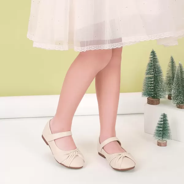 imagePANDANINJIA Rika Girls Dress Shoes Flower Girl Mary Jane Flats Wedding Party School Shoes for Toddler Little Kid Big KidR Beige Pu