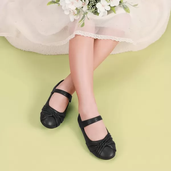 imagePANDANINJIA Rika Girls Dress Shoes Flower Girl Mary Jane Flats Wedding Party School Shoes for Toddler Little Kid Big KidR Black Pu
