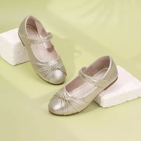 imagePANDANINJIA Rika Girls Dress Shoes Flower Girl Mary Jane Flats Wedding Party School Shoes for Toddler Little Kid Big KidR Gold