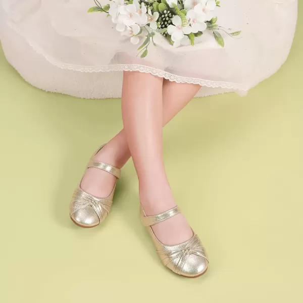 imagePANDANINJIA Rika Girls Dress Shoes Flower Girl Mary Jane Flats Wedding Party School Shoes for Toddler Little Kid Big KidR Gold