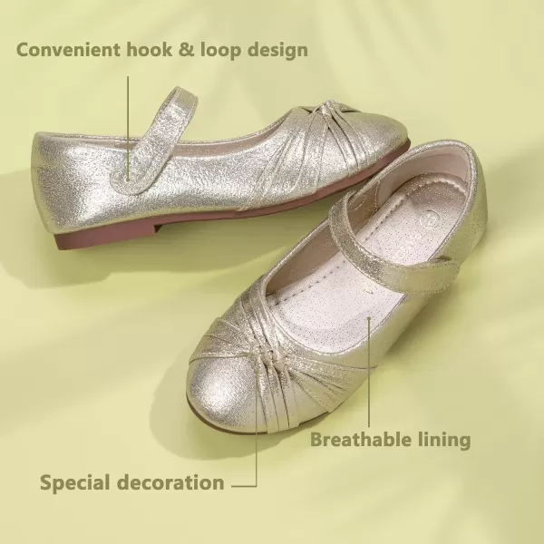 imagePANDANINJIA Rika Girls Dress Shoes Flower Girl Mary Jane Flats Wedding Party School Shoes for Toddler Little Kid Big KidR Gold