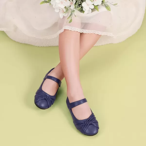 imagePANDANINJIA Rika Girls Dress Shoes Flower Girl Mary Jane Flats Wedding Party School Shoes for Toddler Little Kid Big KidR Navy Pu