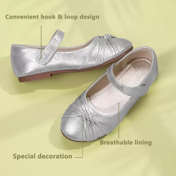 imagePANDANINJIA Rika Girls Dress Shoes Flower Girl Mary Jane Flats Wedding Party School Shoes for Toddler Little Kid Big KidR Silver