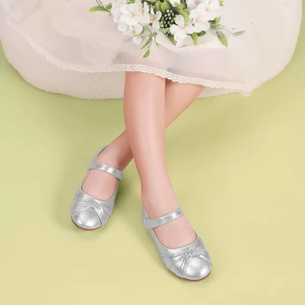 imagePANDANINJIA Rika Girls Dress Shoes Flower Girl Mary Jane Flats Wedding Party School Shoes for Toddler Little Kid Big KidR Silver