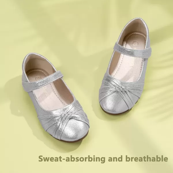 imagePANDANINJIA Rika Girls Dress Shoes Flower Girl Mary Jane Flats Wedding Party School Shoes for Toddler Little Kid Big KidR Silver
