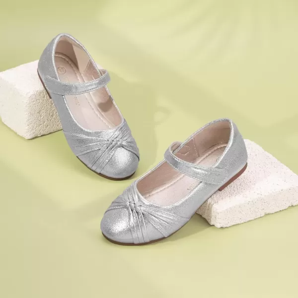 imagePANDANINJIA Rika Girls Dress Shoes Flower Girl Mary Jane Flats Wedding Party School Shoes for Toddler Little Kid Big KidR Silver