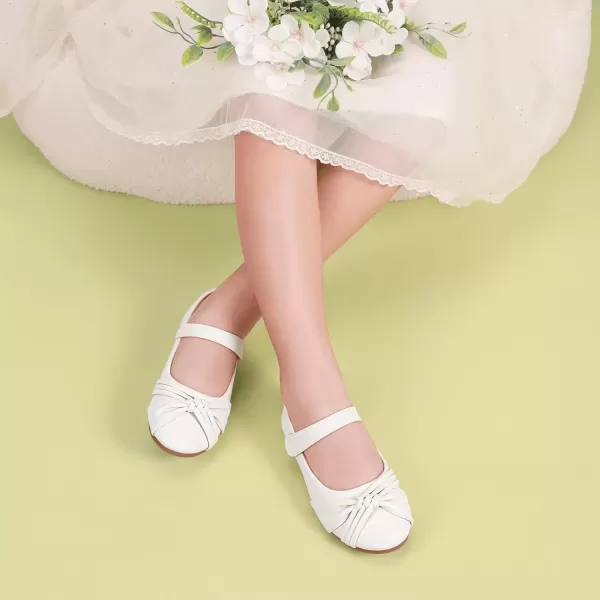imagePANDANINJIA Rika Girls Dress Shoes Flower Girl Mary Jane Flats Wedding Party School Shoes for Toddler Little Kid Big KidR White Pu