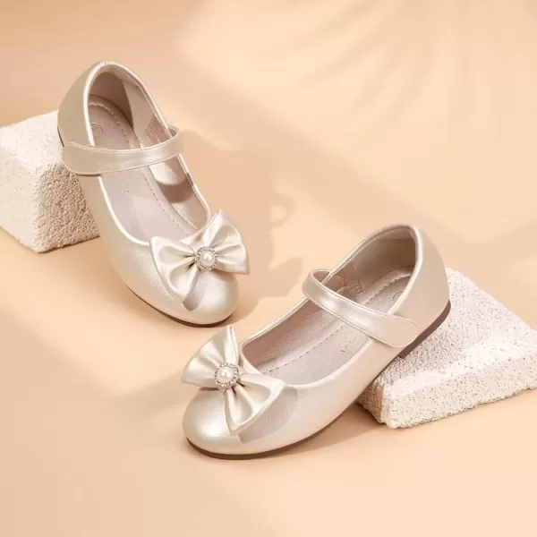 imagePANDANINJIA Rika Girls Dress Shoes Flower Girl Mary Jane Flats Wedding Party School Shoes for Toddler Little Kid Big KidS Champagne Pu