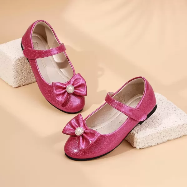 imagePANDANINJIA Rika Girls Dress Shoes Flower Girl Mary Jane Flats Wedding Party School Shoes for Toddler Little Kid Big KidS Hot Pink