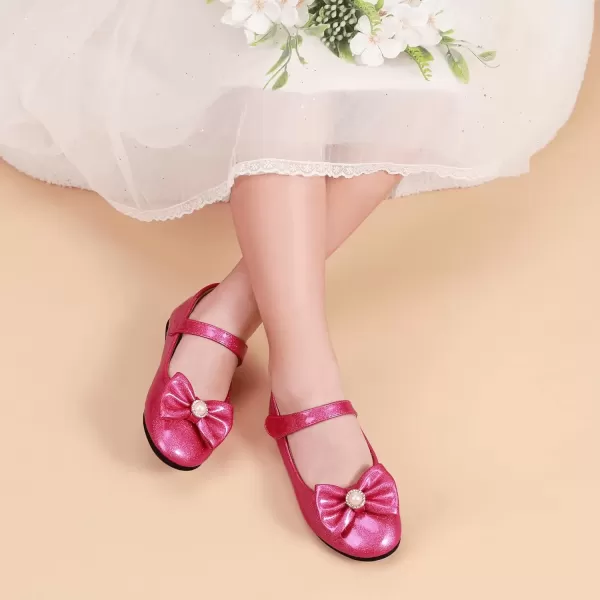 imagePANDANINJIA Rika Girls Dress Shoes Flower Girl Mary Jane Flats Wedding Party School Shoes for Toddler Little Kid Big KidS Hot Pink