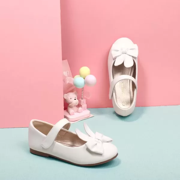 imagePANDANINJIA Toddler Dress Shoes Bowknot Mary Jane Shoes Girls Ballet Flats for Kids Wedding Party Uniform Church ShoesA White Pu