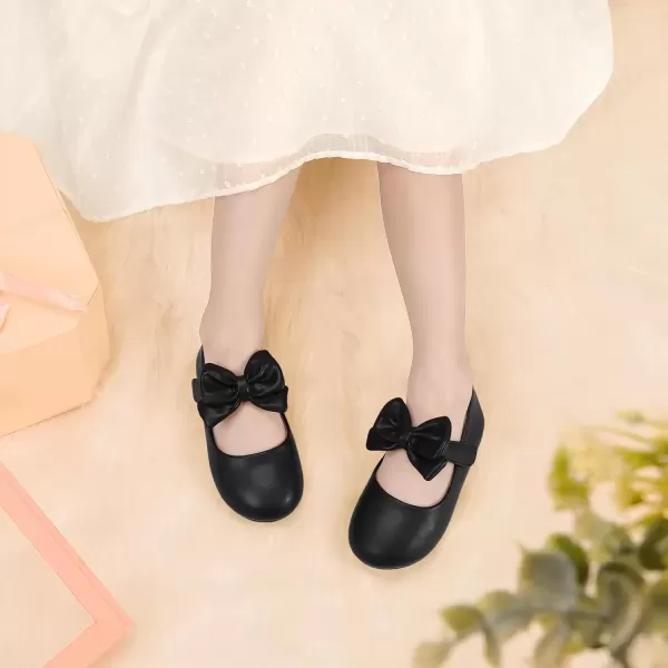imagePANDANINJIA Toddler Dress Shoes Bowknot Mary Jane Shoes Girls Ballet Flats for Kids Wedding Party Uniform Church ShoesBlack Pu M