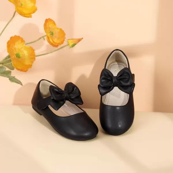 imagePANDANINJIA Toddler Dress Shoes Bowknot Mary Jane Shoes Girls Ballet Flats for Kids Wedding Party Uniform Church ShoesBlack Pu M