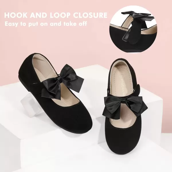 imagePANDANINJIA Toddler Dress Shoes Bowknot Mary Jane Shoes Girls Ballet Flats for Kids Wedding Party Uniform Church ShoesJ Black Suede