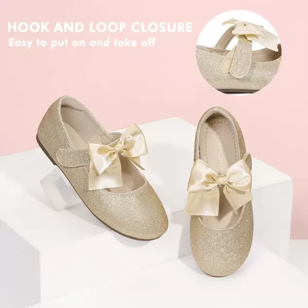 imagePANDANINJIA Toddler Dress Shoes Bowknot Mary Jane Shoes Girls Ballet Flats for Kids Wedding Party Uniform Church ShoesJ Gold Glitter