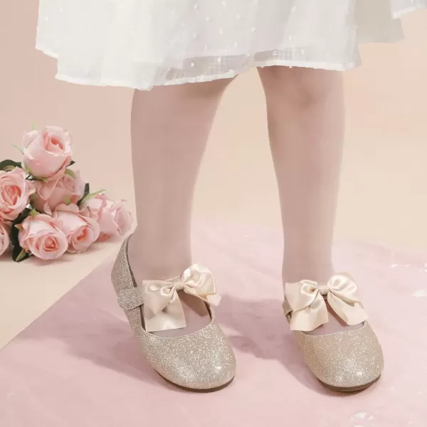 imagePANDANINJIA Toddler Dress Shoes Bowknot Mary Jane Shoes Girls Ballet Flats for Kids Wedding Party Uniform Church ShoesJ Gold Glitter