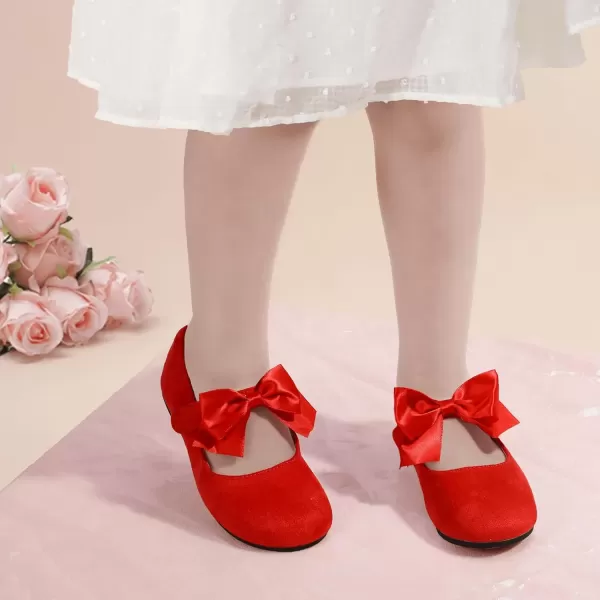 imagePANDANINJIA Toddler Dress Shoes Bowknot Mary Jane Shoes Girls Ballet Flats for Kids Wedding Party Uniform Church ShoesJ Red Suede