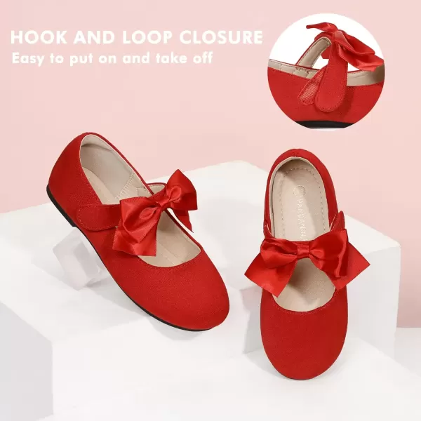 imagePANDANINJIA Toddler Dress Shoes Bowknot Mary Jane Shoes Girls Ballet Flats for Kids Wedding Party Uniform Church ShoesJ Red Suede