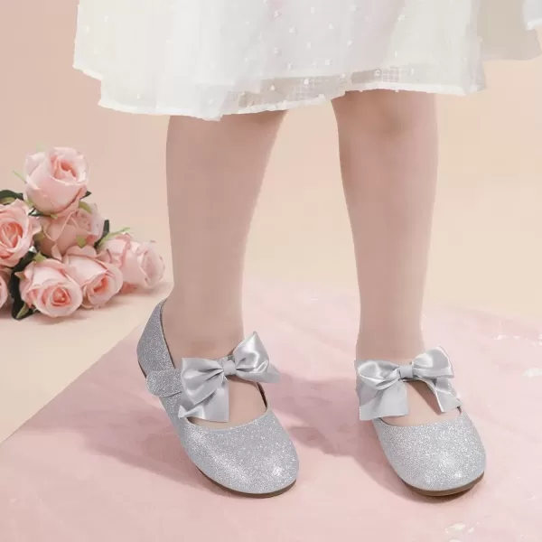 imagePANDANINJIA Toddler Dress Shoes Bowknot Mary Jane Shoes Girls Ballet Flats for Kids Wedding Party Uniform Church ShoesJ Silver Glitter